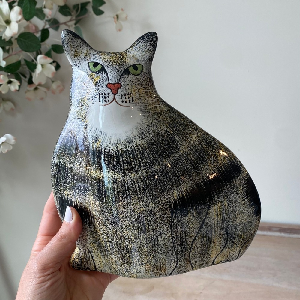 Cats by Nina Lyman Ceramic Tabby Cat Vase White Gray Black Stripes Green Eyes